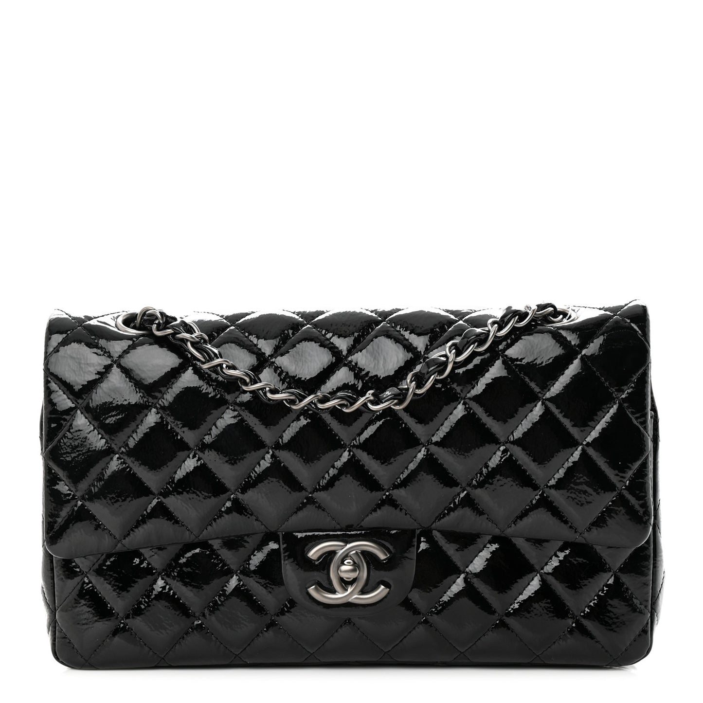 Crumpled Patent Quilted Medium Double Flap Black