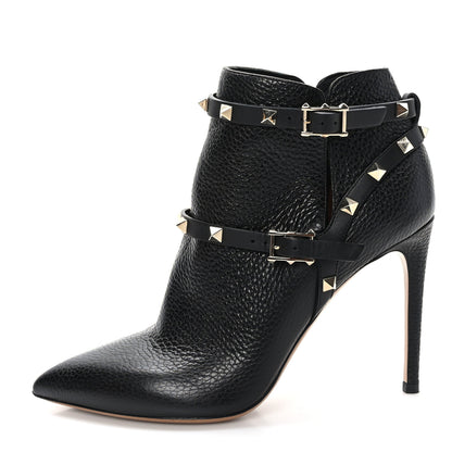 Valentino Garavani Grained Calfskin Rockstud Double Buckle 100mm Ankle Boots 38.5 Black 1 of 8
