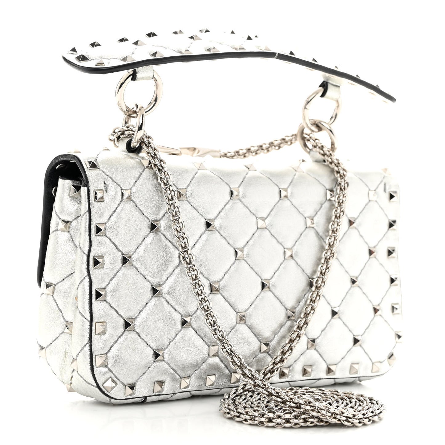 Metallic Nappa Small Rockstud Spike Shoulder Bag Silver