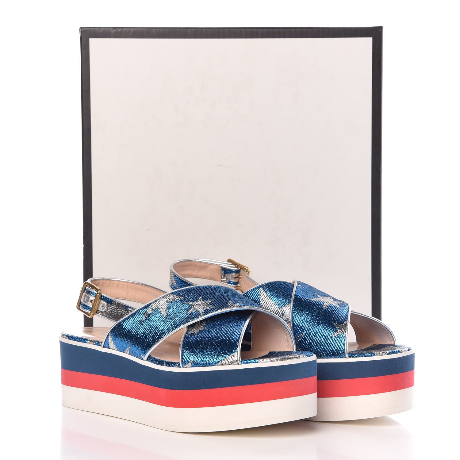 Gucci Nappa Silk Lurex Starry Sky Crossover Platform Sandals 40 Bluette Silver 9 of 9