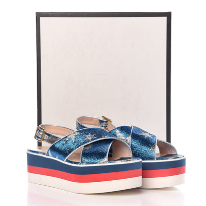Gucci Nappa Silk Lurex Starry Sky Crossover Platform Sandals 40 Bluette Silver 9 of 9