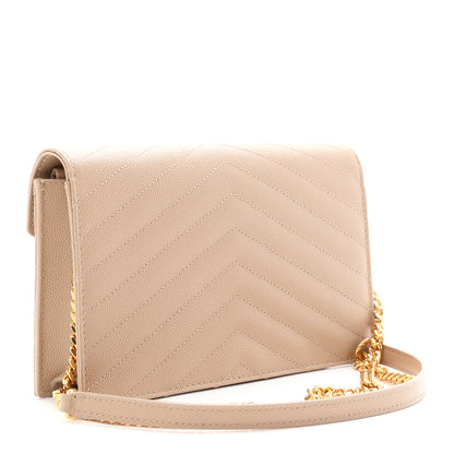 Saint Laurent Grain De Poudre Matelasse Chevron Monogram Envelope Chain Wallet Dark Beige 3 of 10