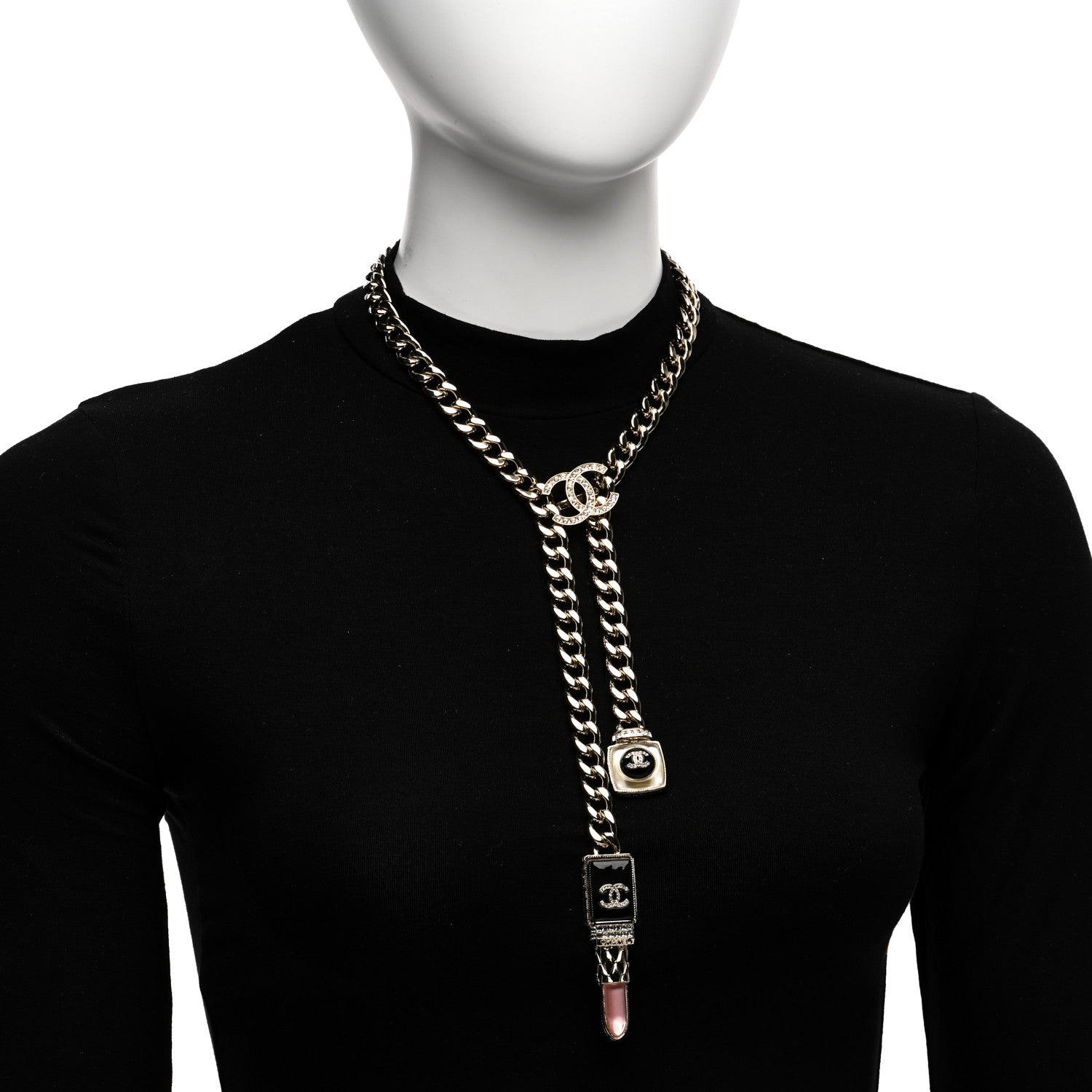 Chanel Metal Strass Pearl Lipstick Necklace Pink Gold 2 of 8