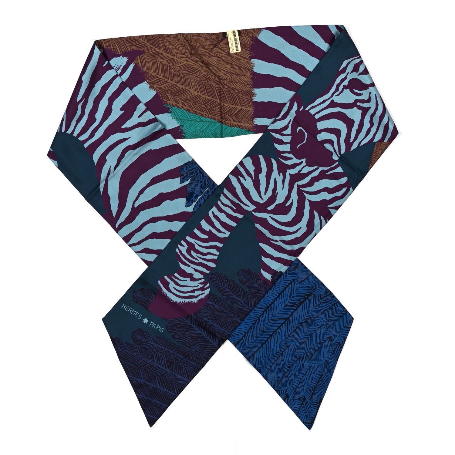 Hermes Silk Zebra Pegasus Maxi Twilly Prune Petrole Bleu 1 of 4