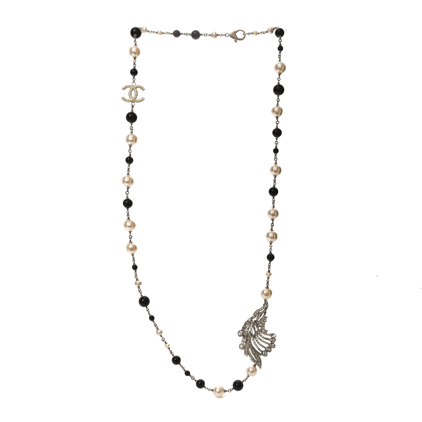 Pearl Crystal Baguette Beaded Wing Long Necklace Black Gold