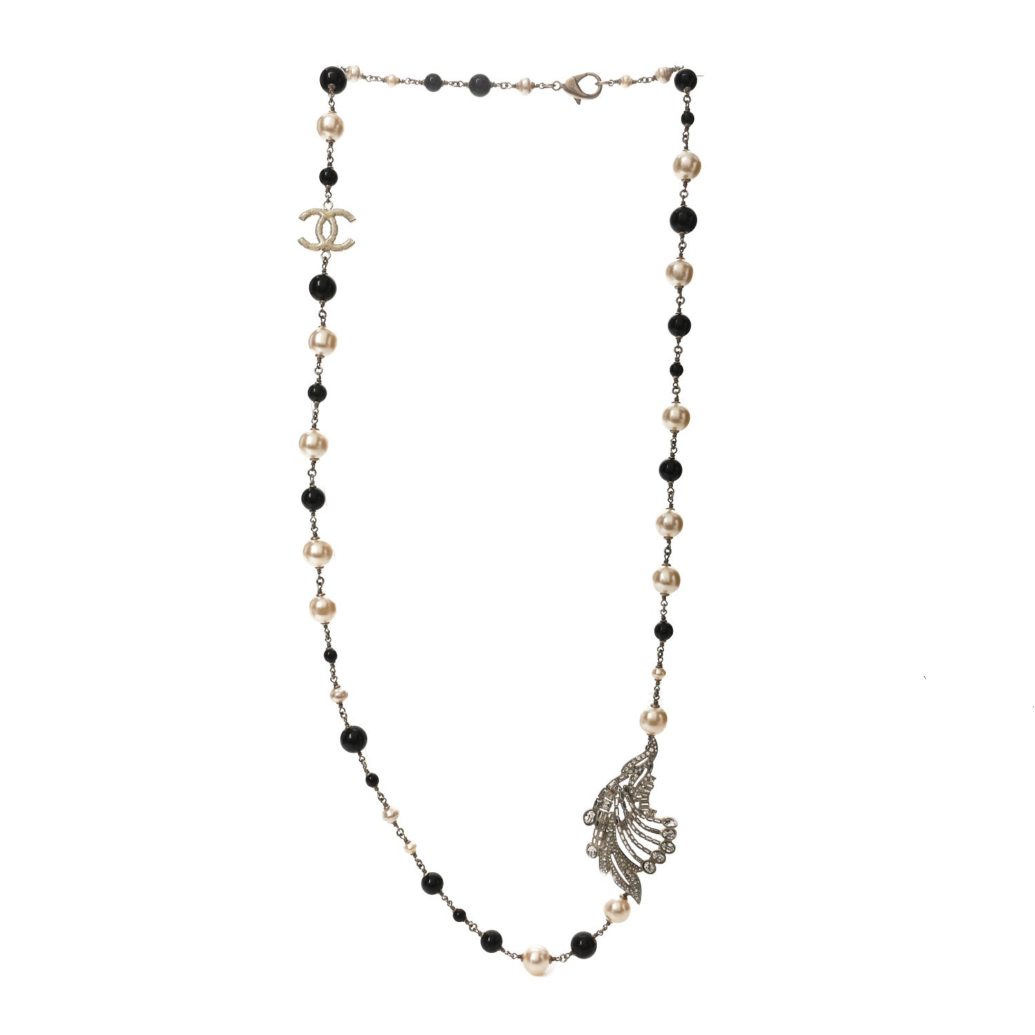 Chanel Pearl Crystal Baguette Beaded Wing Long Necklace Black Gold 3 of 4