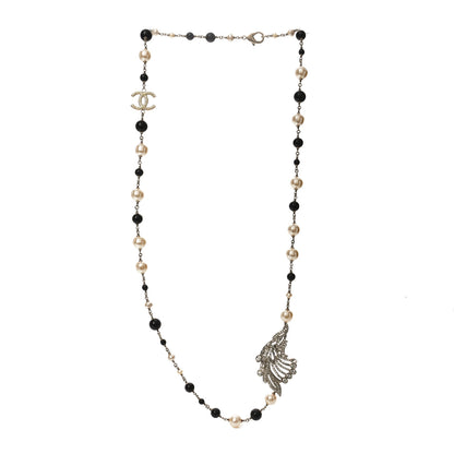 Chanel Pearl Crystal Baguette Beaded Wing Long Necklace Black Gold 3 of 4