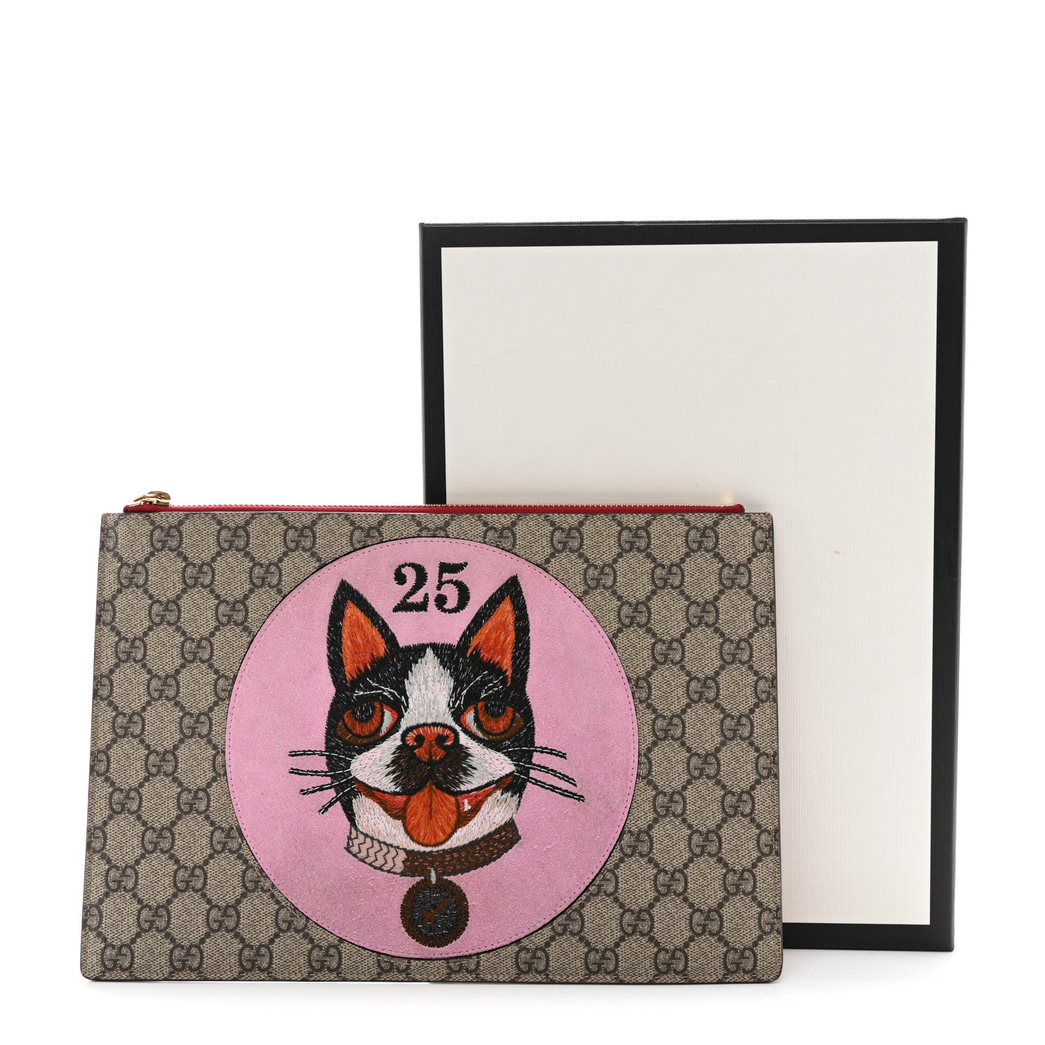 Gucci GG Supreme Monogram Bosco Patch Zip Pouch Beige Malva Hibiscus Red 9 of 9
