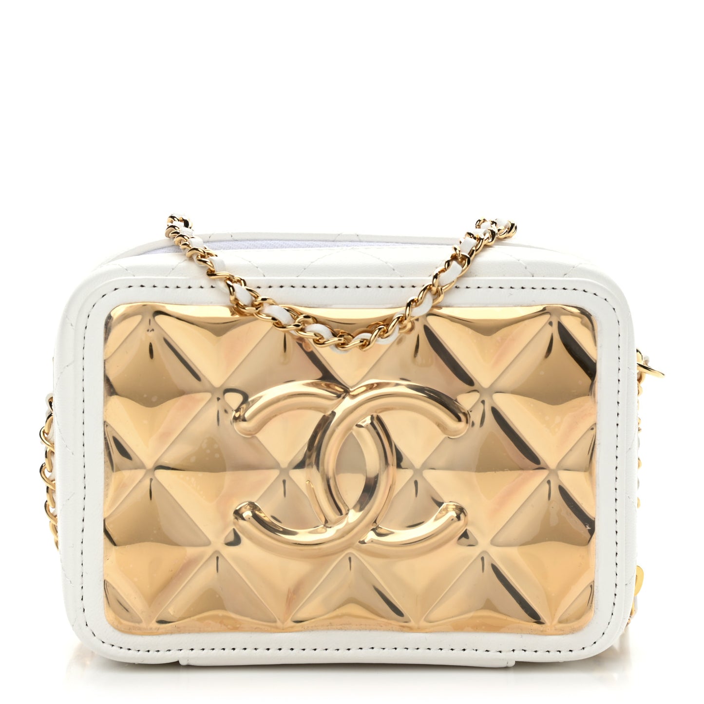 Lambskin Quilted Golden Plate Clutch With Chain White