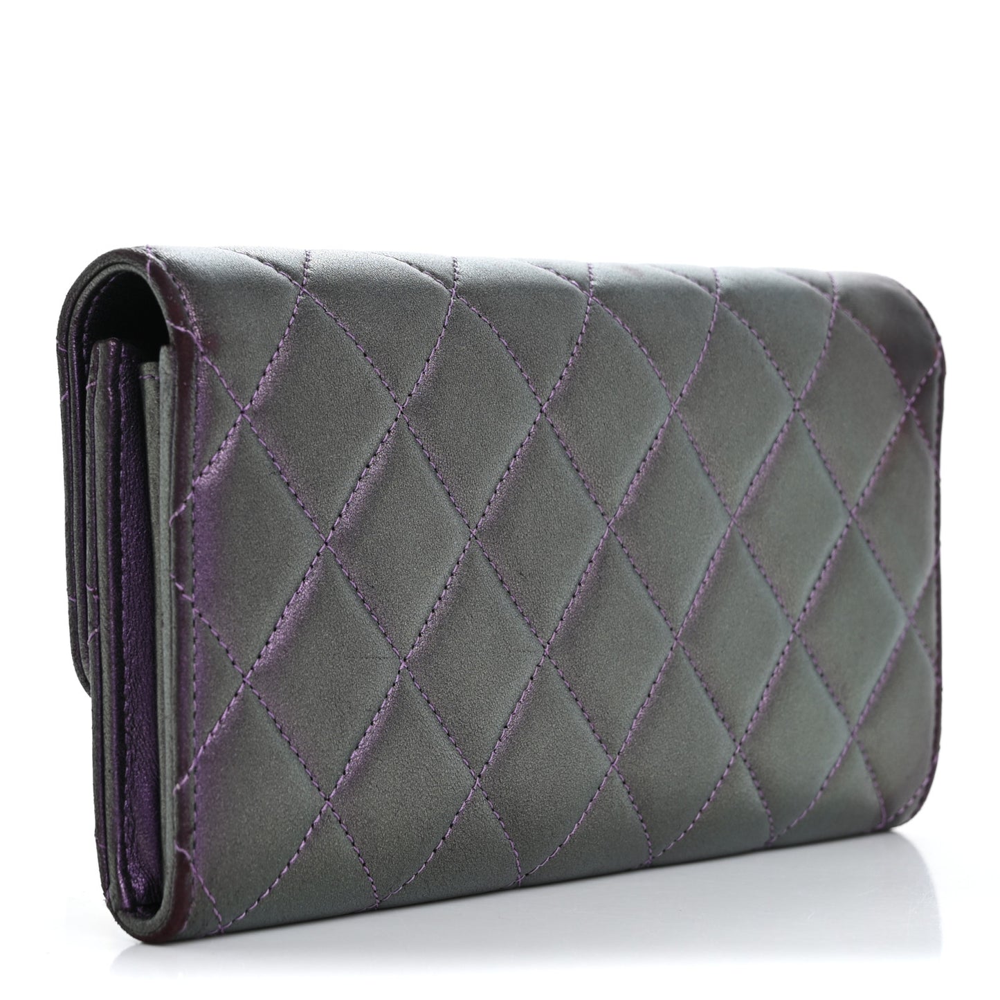 Iridescent Lambskin Quilted Large Gusset Flap Wallet Purple