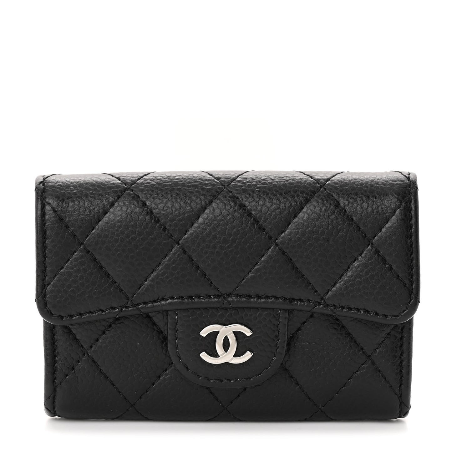 Caviar Quilted Flap Card Holder Wallet Black
