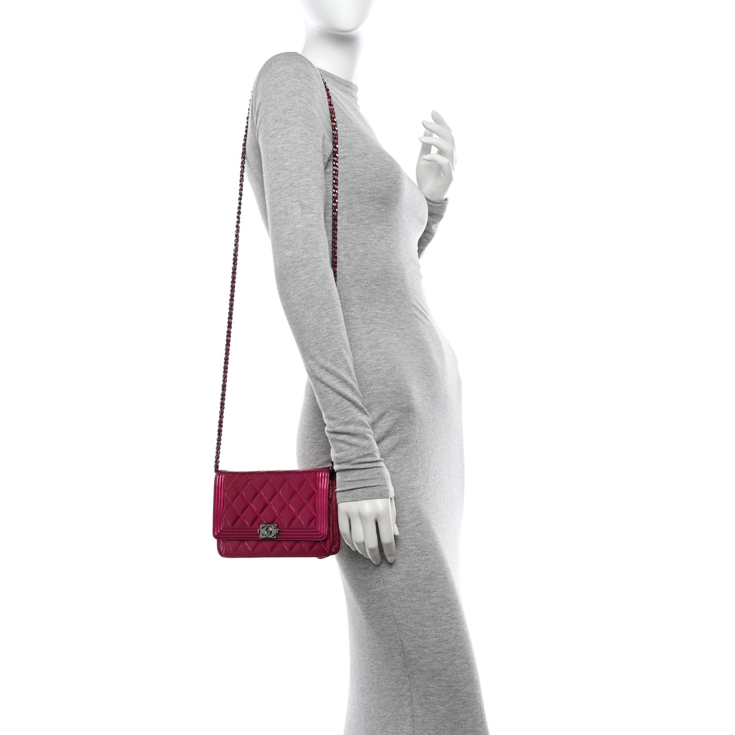 Metallic Patent Calfskin Quilted Boy Wallet On Chain WOC Fuchsia