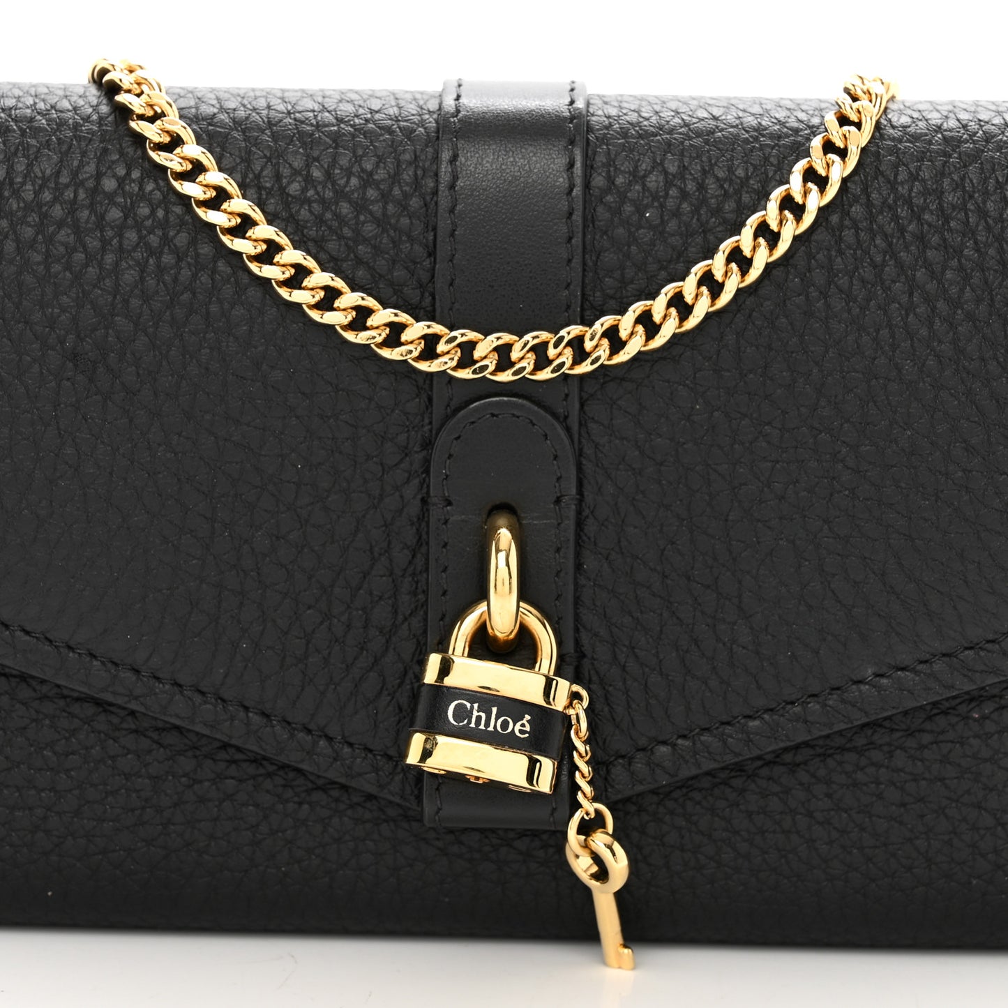Shiny Grained Calfskin Aby Wallet on Chain Black