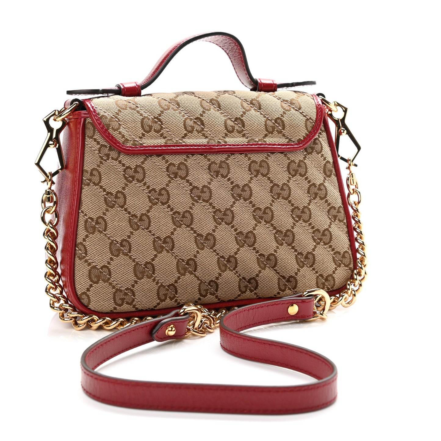 Monogram Glazed Calfskin Matelasse Diagonal Mini GG Marmont Top Handle Shoulder Bag Beige Ebony New Cherry Red