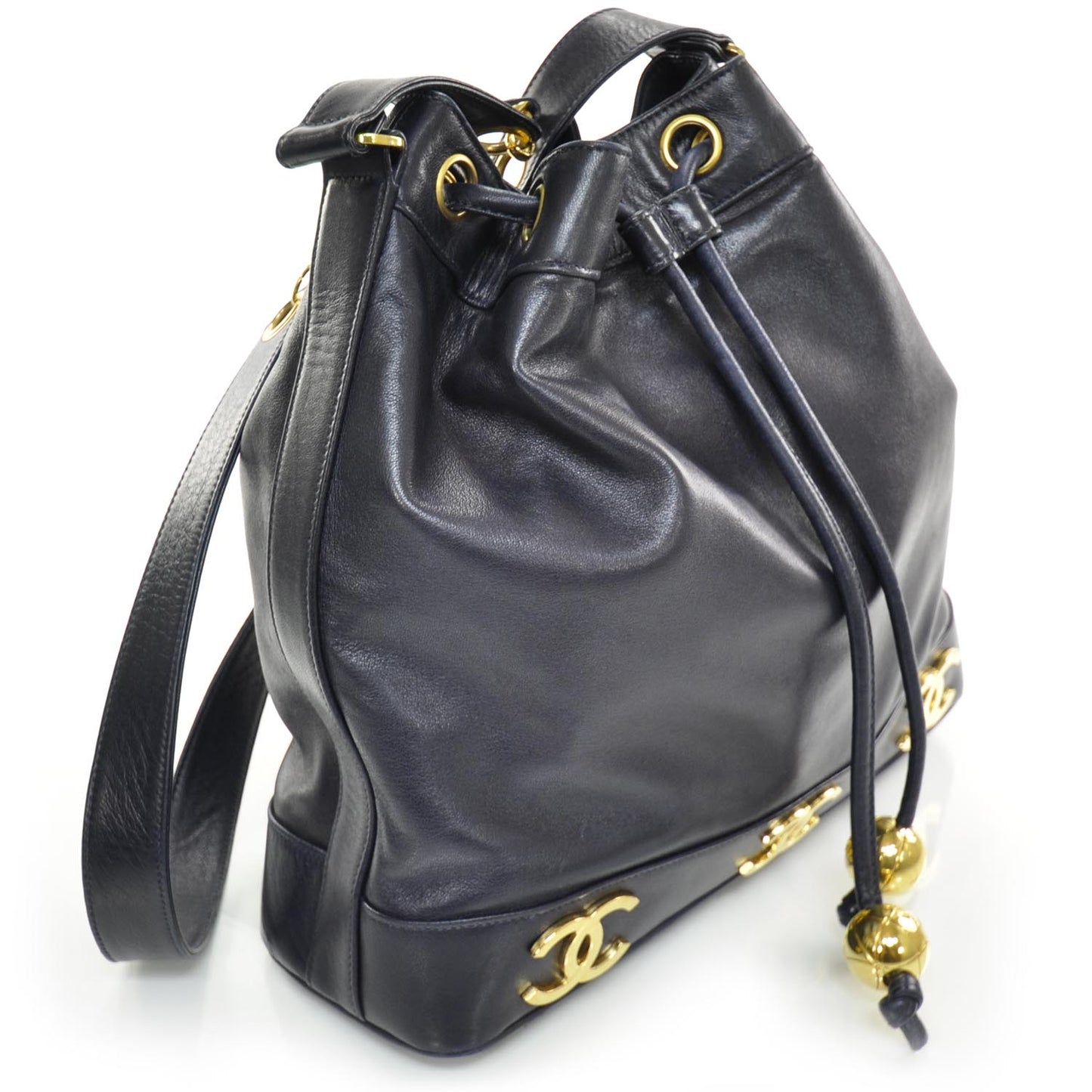Lambskin CC Drawstring Bag Navy Blue