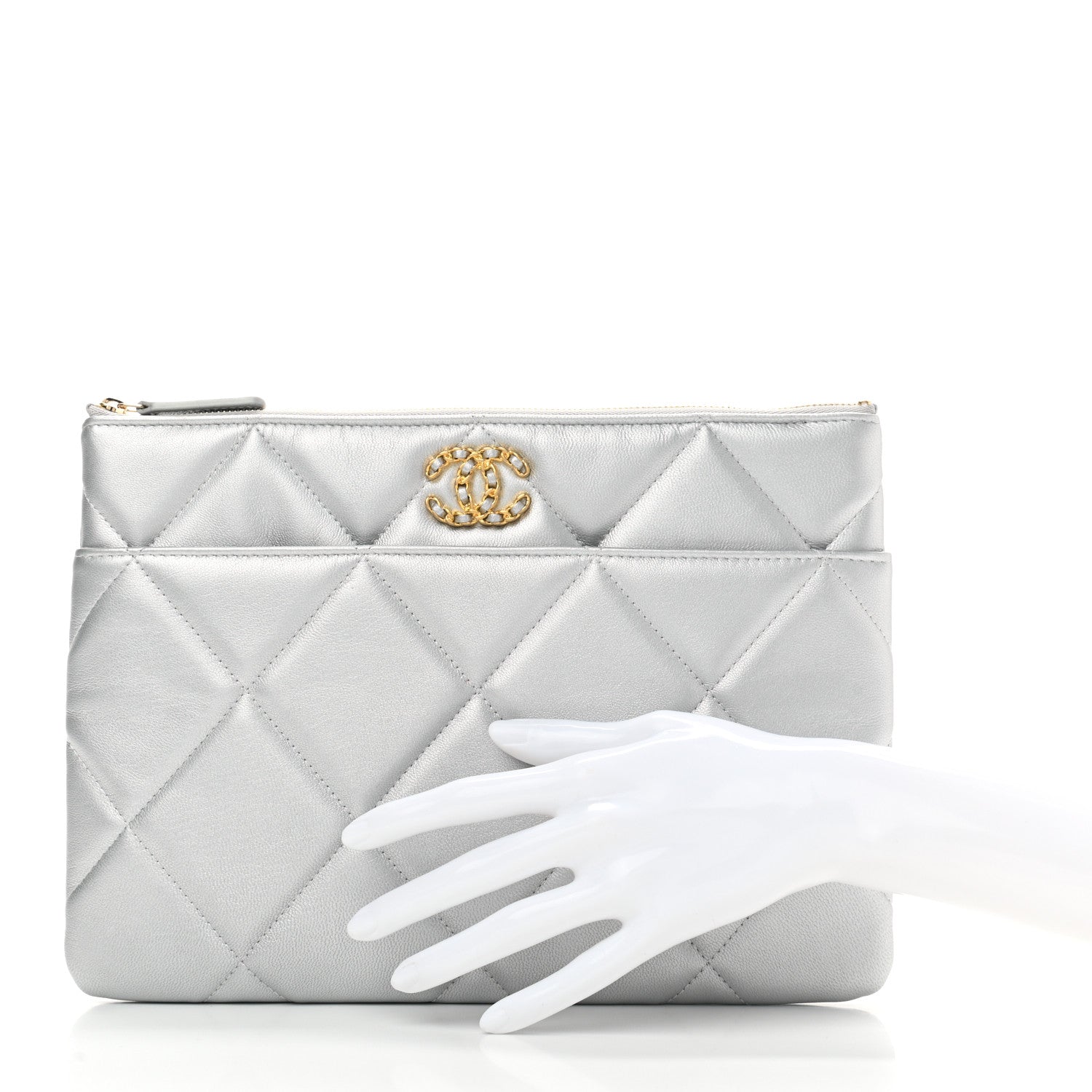 Chanel Metallic Lambskin Quilted Chanel 19 Pouch Silver 2 of 7