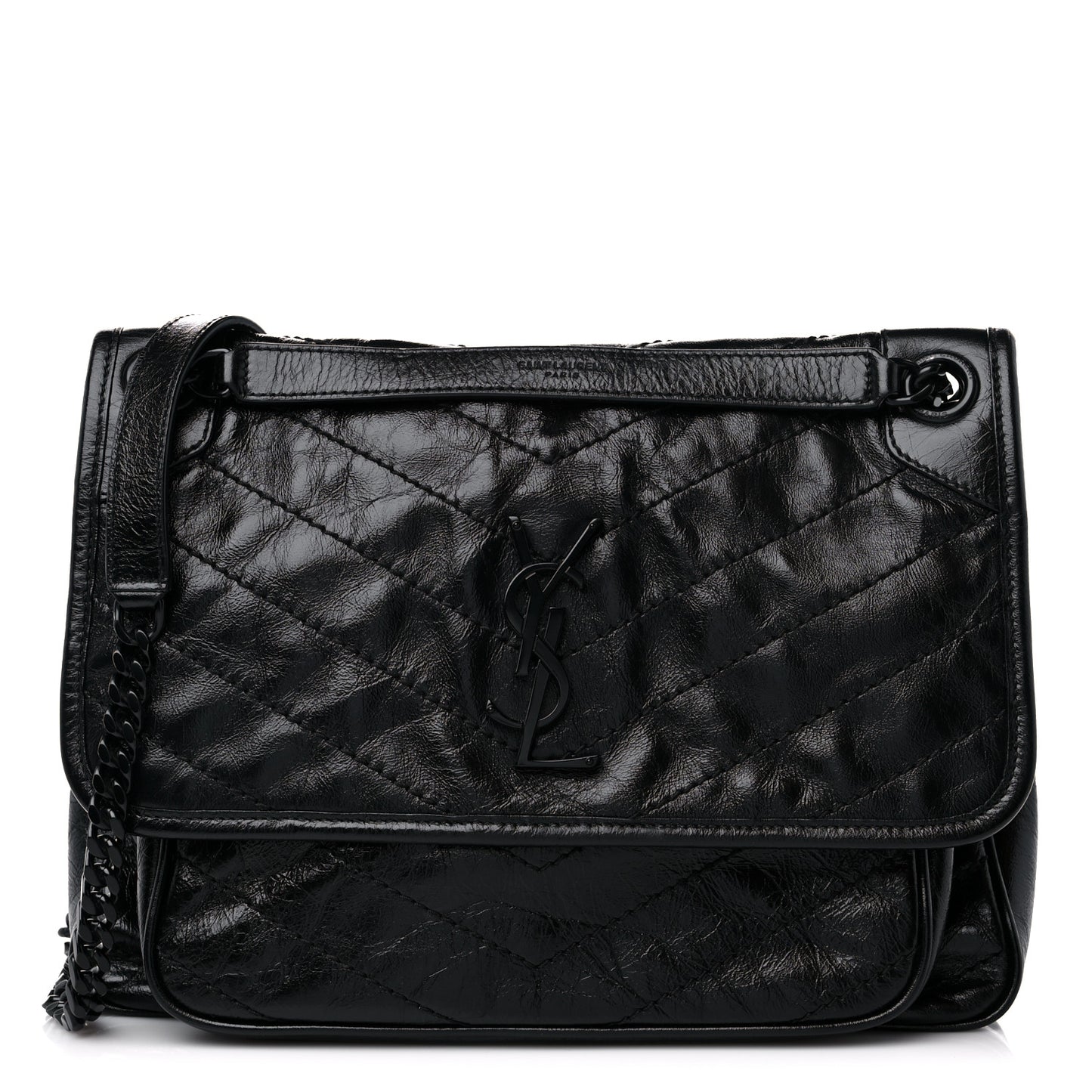 Crinkled Calfskin Matelasse Monogram Medium Niki Chain Satchel Black