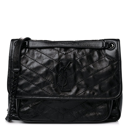 Saint Laurent Crinkled Calfskin Matelasse Monogram Medium Niki Chain Satchel Black 1 of 11