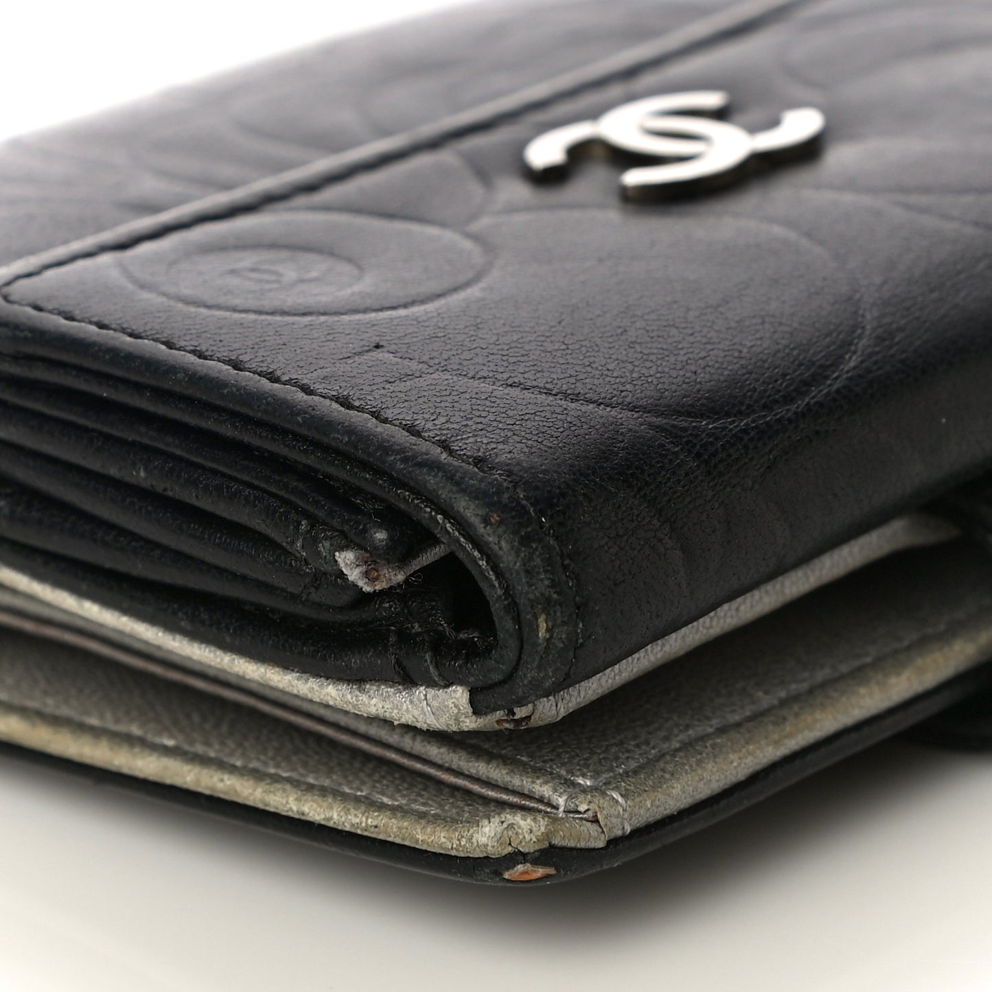 Lambskin Embossed Camellia French Wallet Black