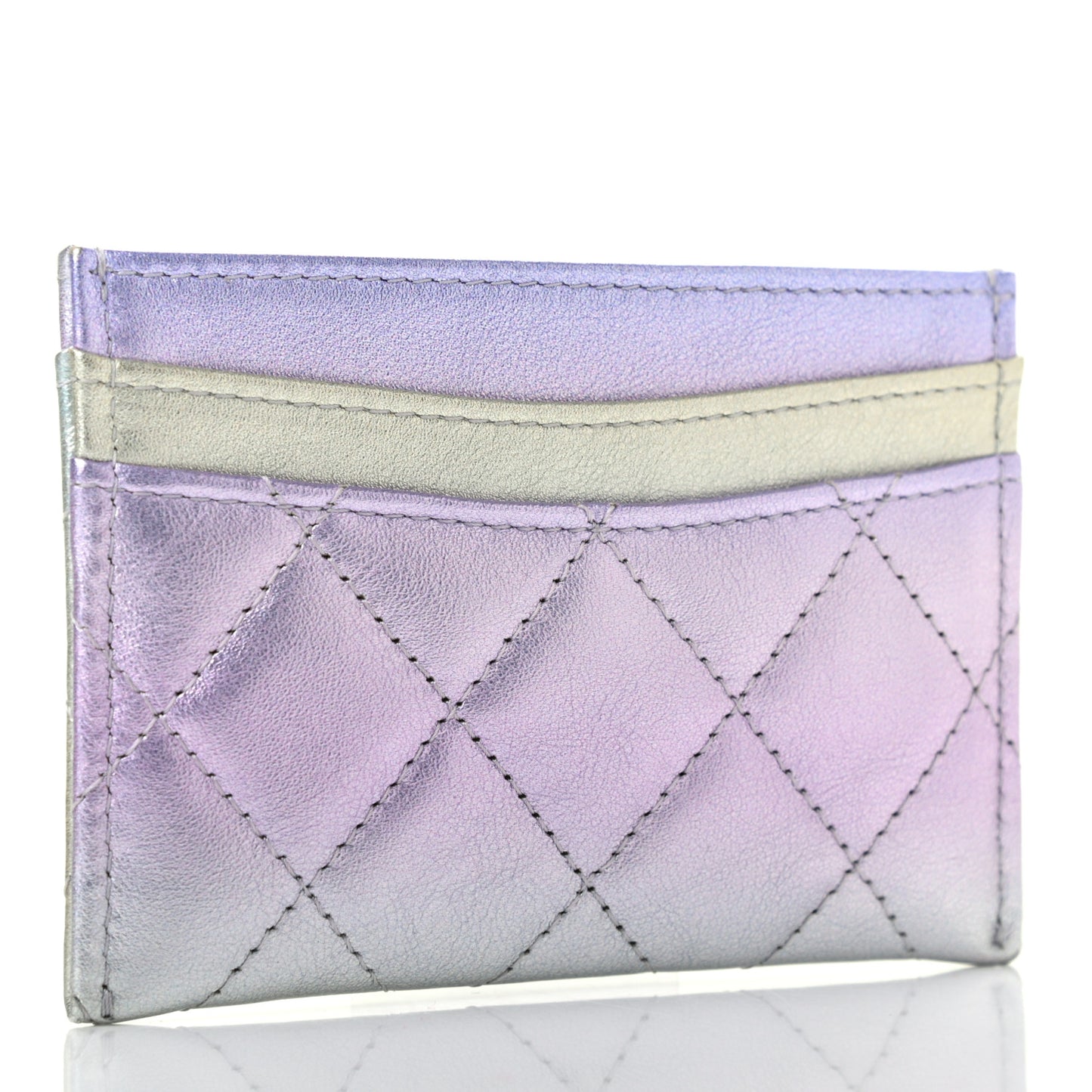 Gradient Metallic Calfskin Quilted Card Holder Silver Blue Yellow Purple