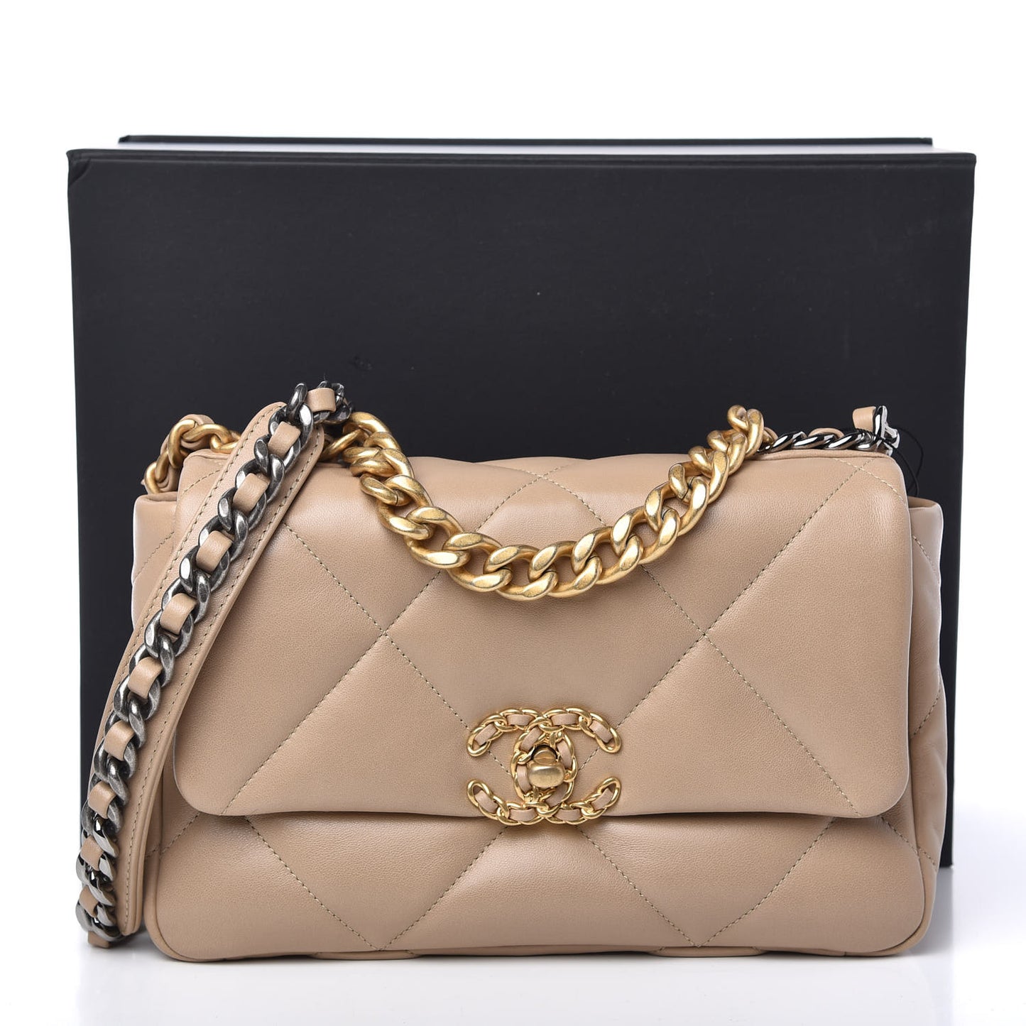 Lambskin Quilted Medium Chanel 19 Flap Dark Beige
