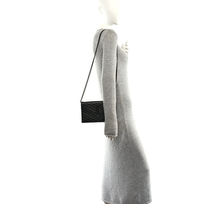 Saint Laurent Grain De Poudre Matelasse Chevron Monogram Monochrome Envelope Chain Wallet Black 2 of 9