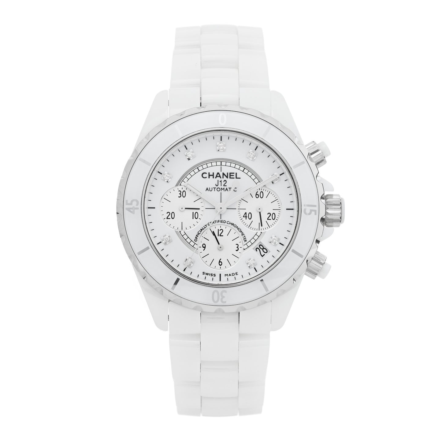 Stainless Steel Ceramic Diamond 41mm J12 Chronograph Automatic Watch White