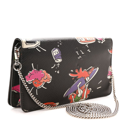 Prada Saffiano Surfing Print Chain Wallet Black Multicolor 3 of 9