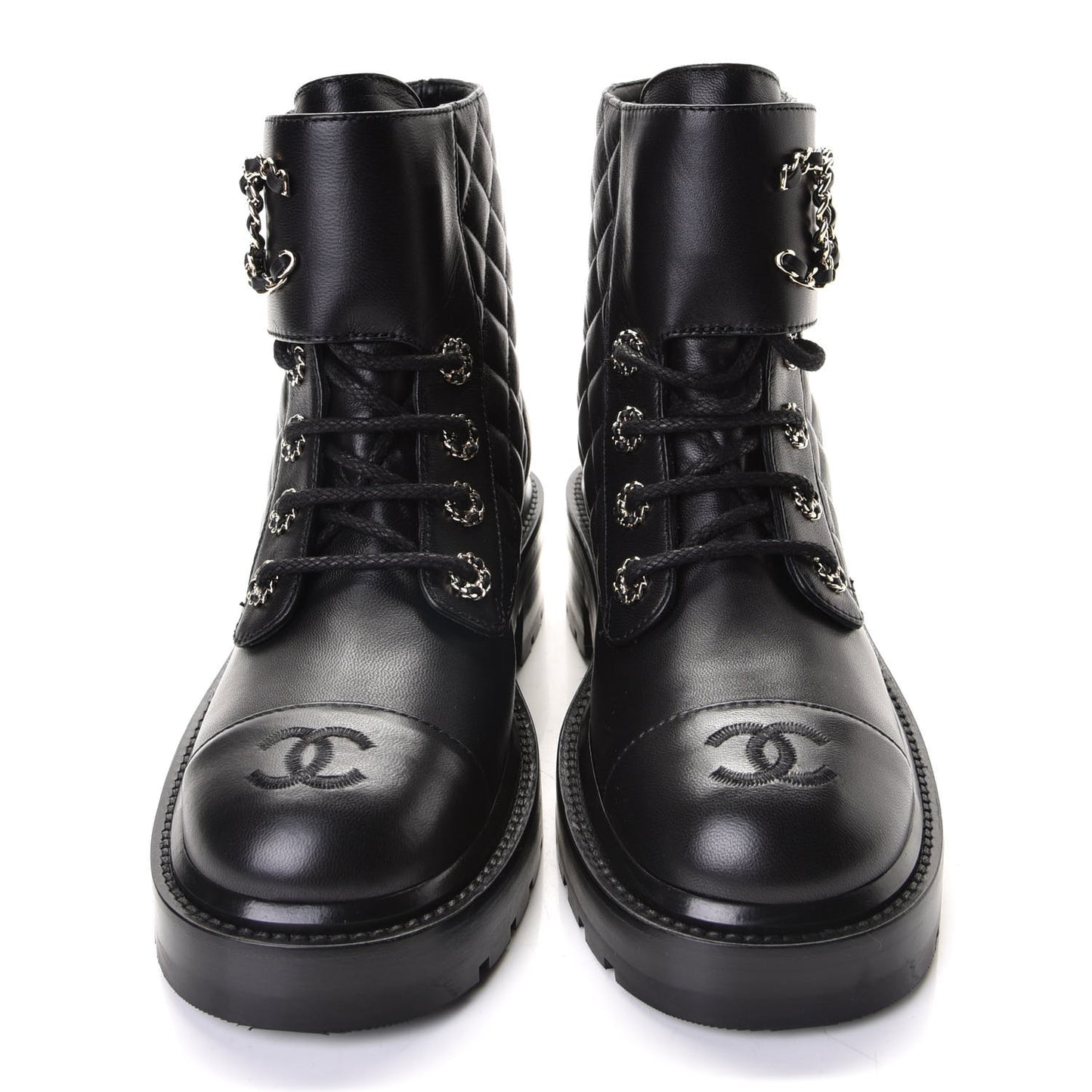Shiny Lambskin Quilted Lace Up Combat Boots 37 Black