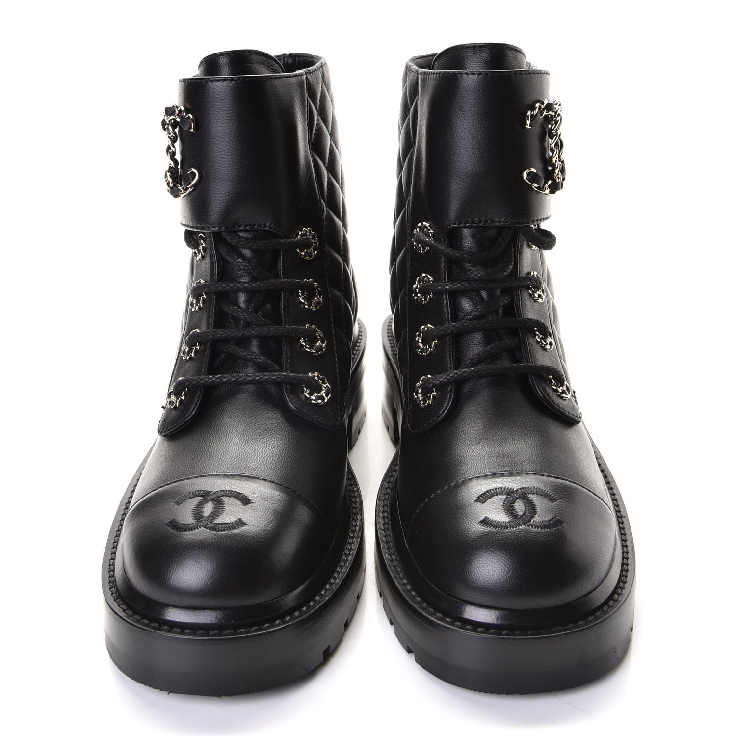 Chanel Shiny Lambskin Quilted Lace Up Combat Boots 37 Black 5 of 7