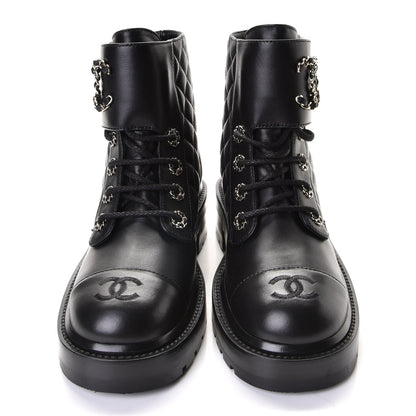 Chanel Shiny Lambskin Quilted Lace Up Combat Boots 37 Black 5 of 7