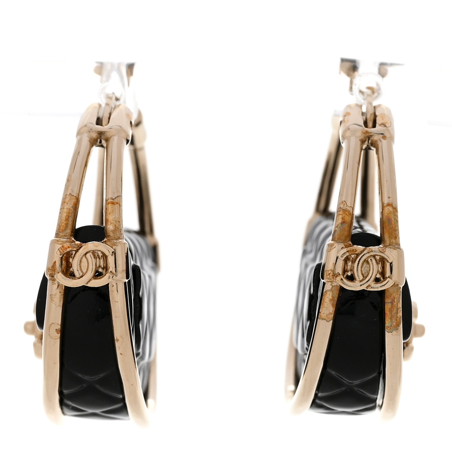 Chanel Metal Resin Quilted Flap Bag Hoop Earrings Black Gold 1 of 5