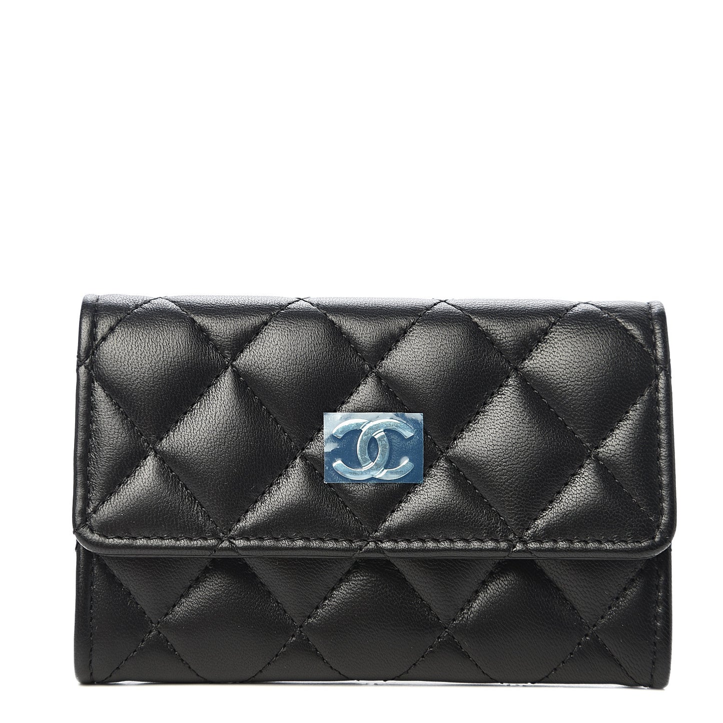Lambskin Quilted Flap Card Holder Black