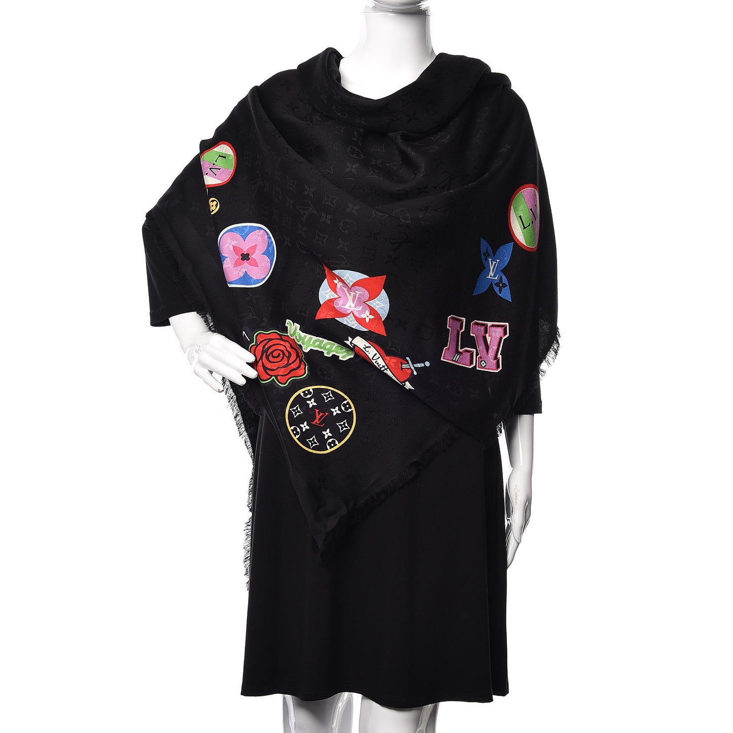 Silk Wool Monogram LV Stories Shawl Black