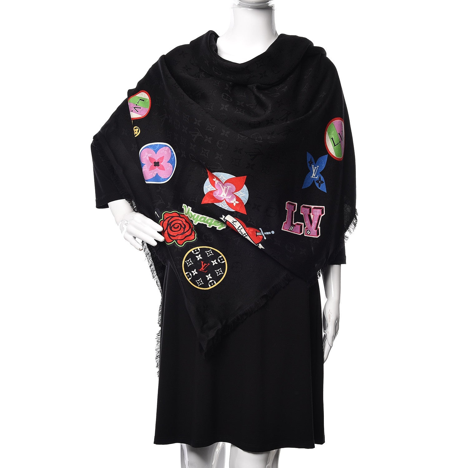 Louis Vuitton Silk Wool Monogram LV Stories Shawl Black 2 of 6