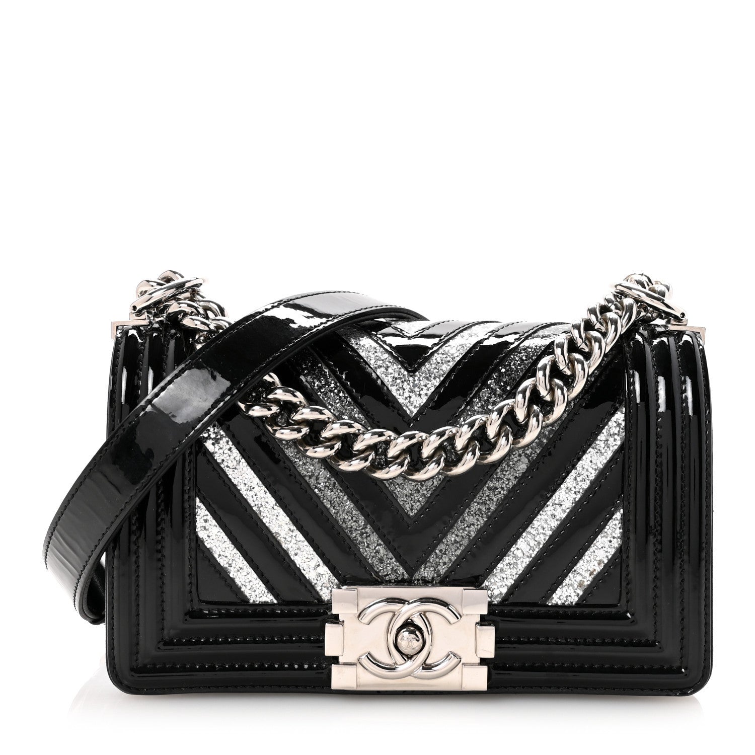 Chanel Patent Glitter PVC Chevron Quilted Small Boy Flap Black Silver 1 of 10