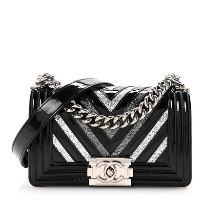 Chanel Patent Glitter PVC Chevron Quilted Small Boy Flap Black Silver 1 of 10