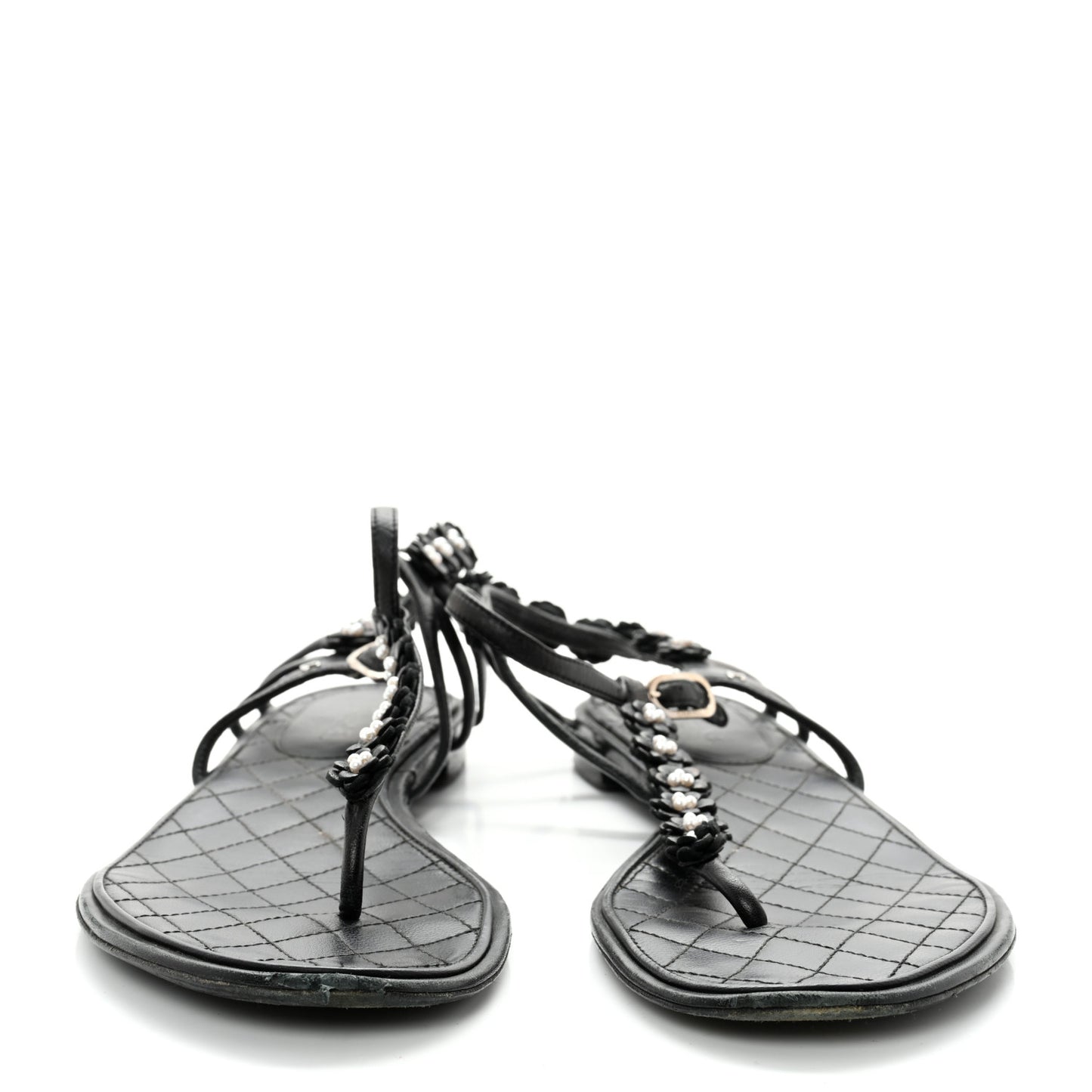 Lambskin Pearl Camellia Thong Sandals 41.5 Black