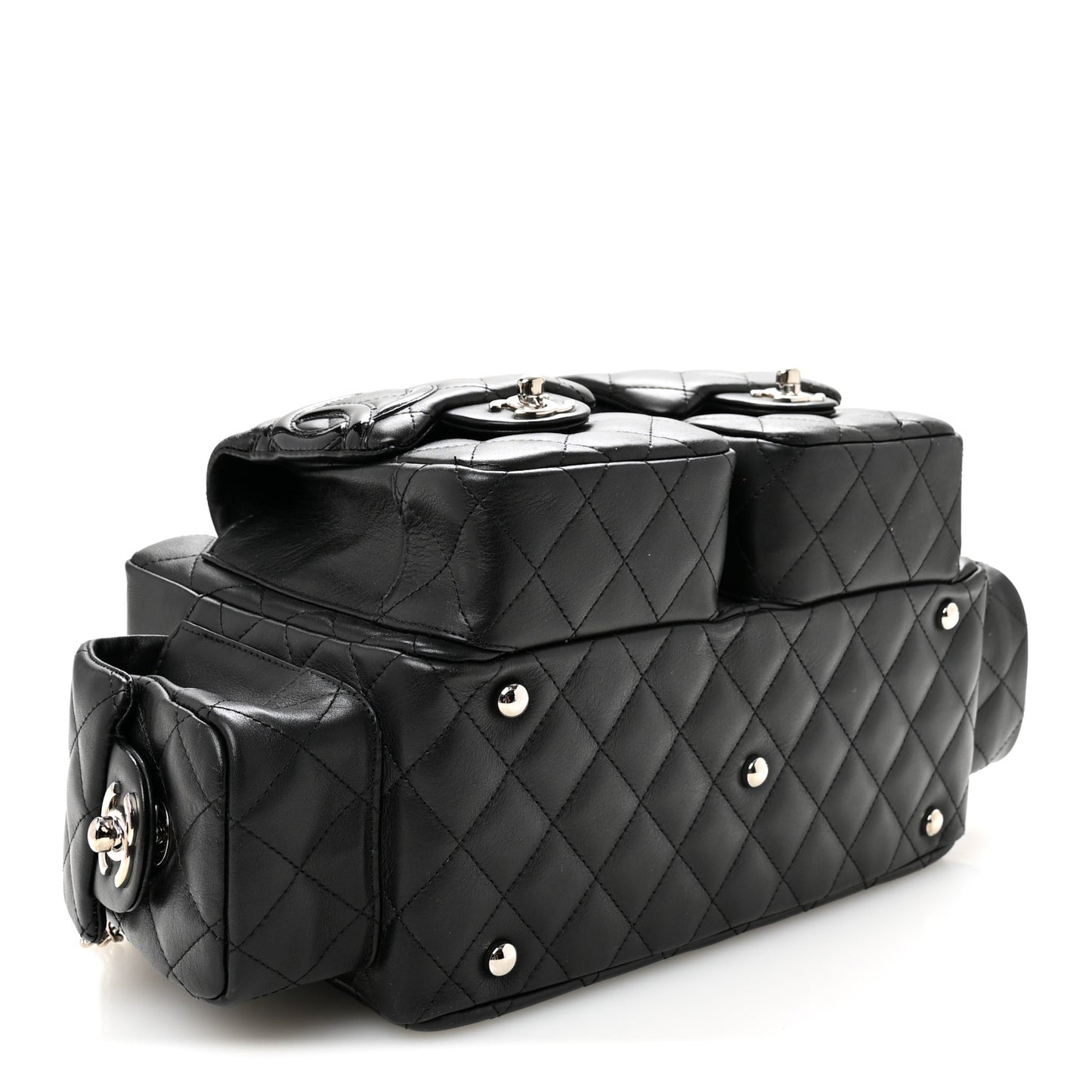 Calfskin Quilted Small Cambon Multipocket Reporter Black