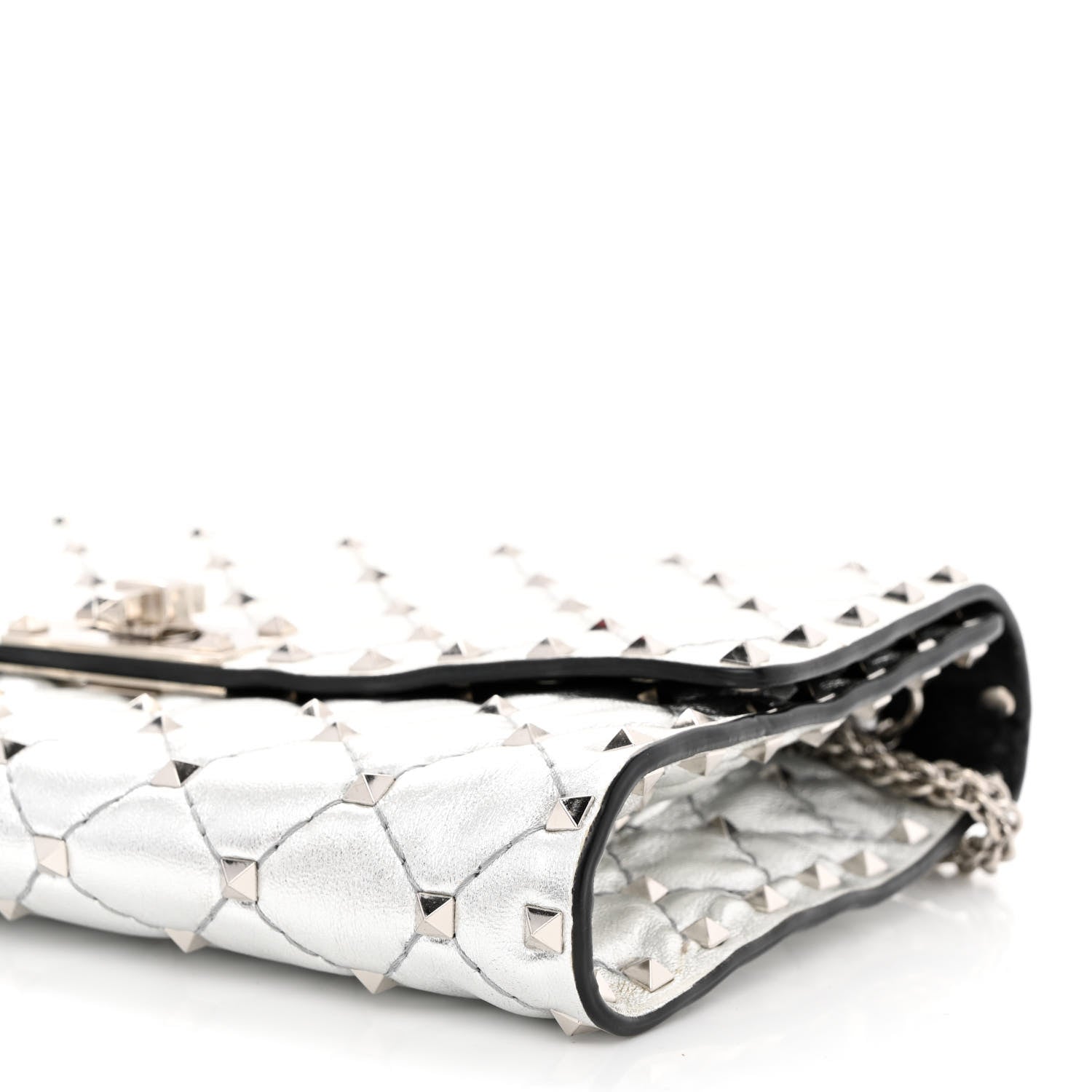 Valentino Garavani Metallic Lambskin Rockstud Spike Wallet on Chain Silver 10 of 11