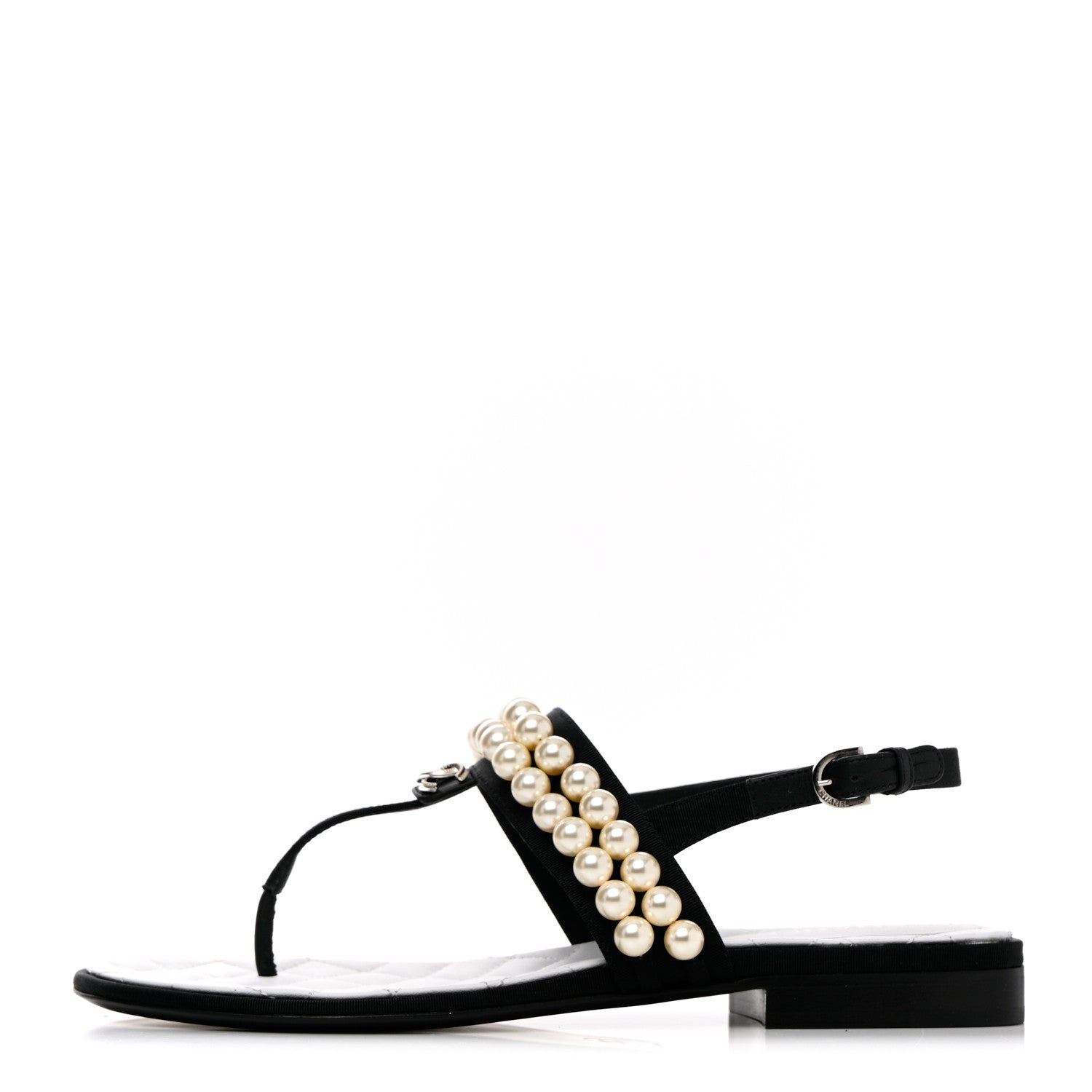 Chanel Grosgrain Pearl CC Sandals 37 Black 1 of 10