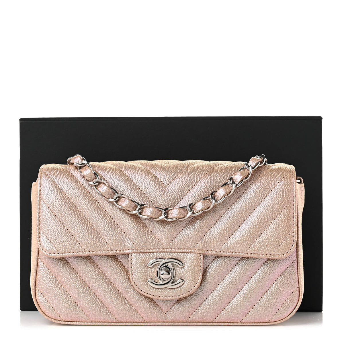 Iridescent Caviar Chevron Quilted Mini Rectangular Flap Light Gold