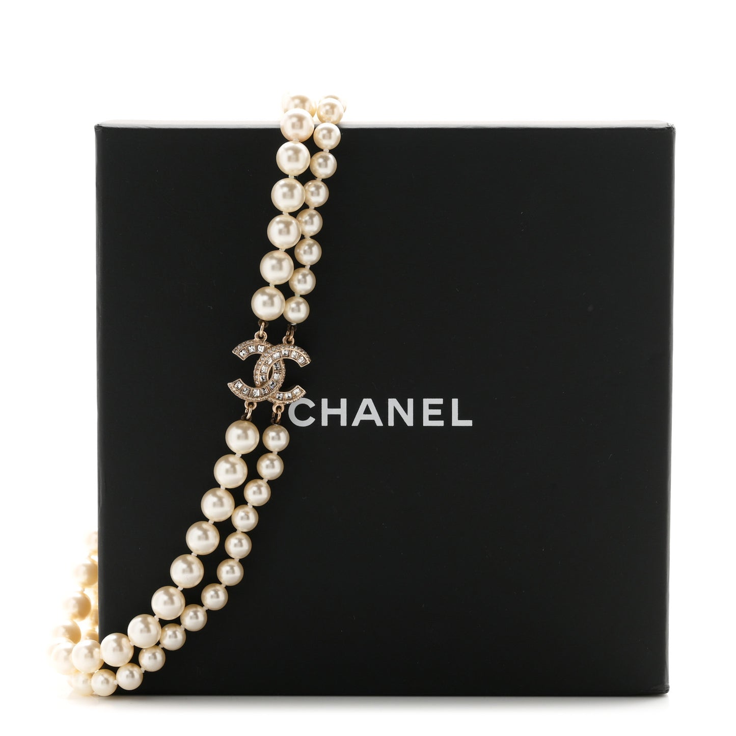 Baguette Crystal Pearl CC Double Strand Necklace Gold