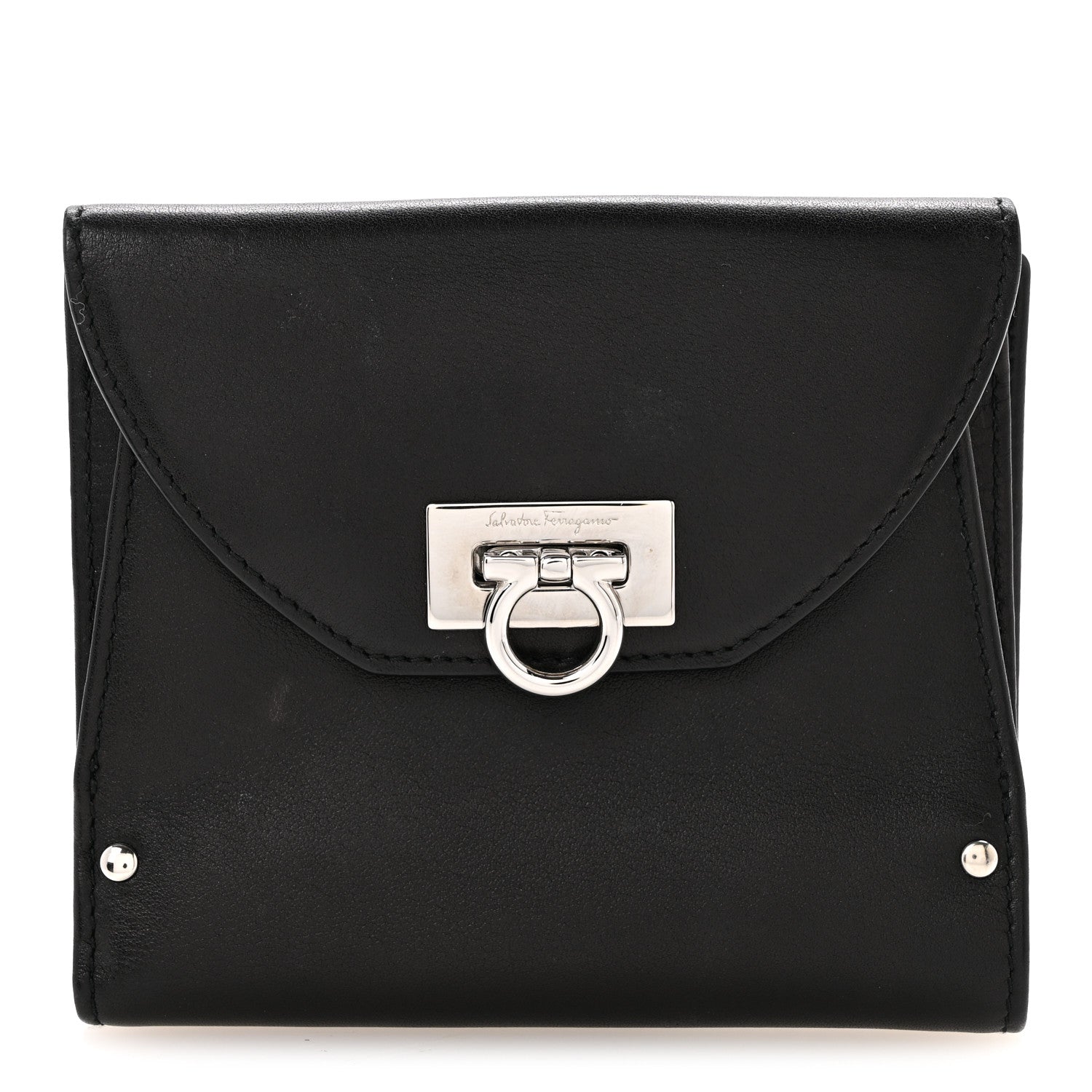 Salvatore Ferragamo Calfskin Gancini French Wallet Black 1 of 12