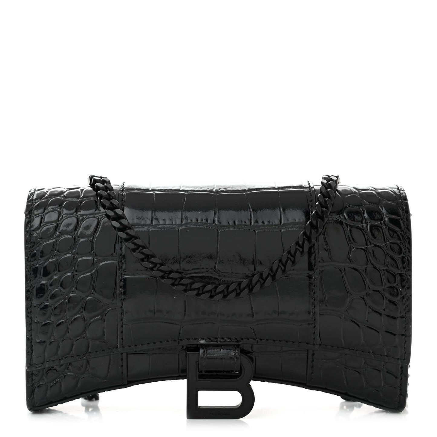Shiny Calfskin Monochrome Crocodile Embossed Hourglass Chain Bag Black