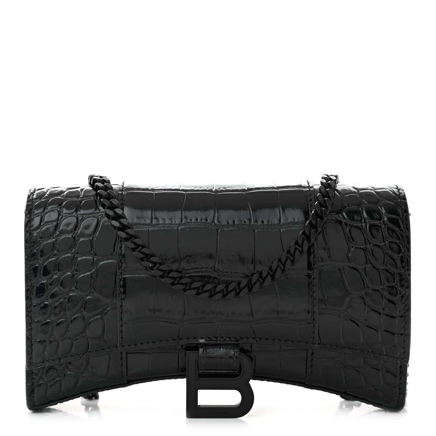 Balenciaga Shiny Calfskin Monochrome Crocodile Embossed Hourglass Chain Bag Black 1 of 9