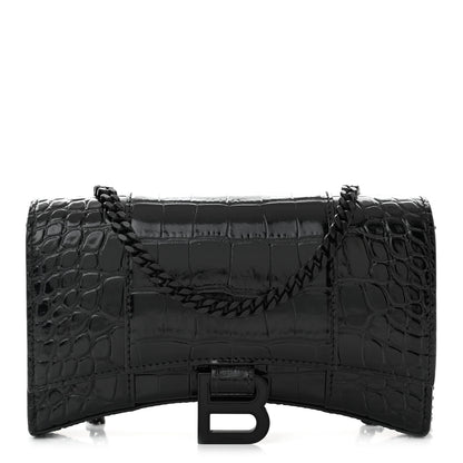 Balenciaga Shiny Calfskin Monochrome Crocodile Embossed Hourglass Chain Bag Black 1 of 9