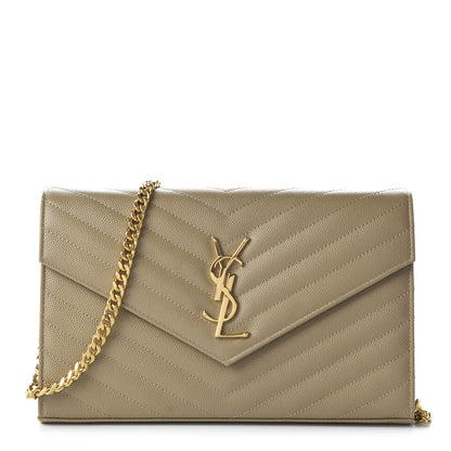 Saint Laurent Grain De Poudre Matelasse Chevron Monogram Chain Wallet Deep Beige 1 of 10