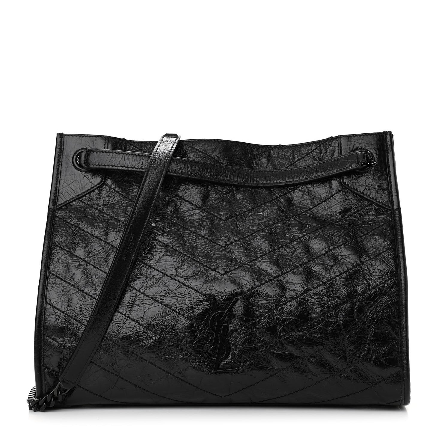 Crinkled Calfskin Matelasse Monogram Medium Niki Shopper Tote Black