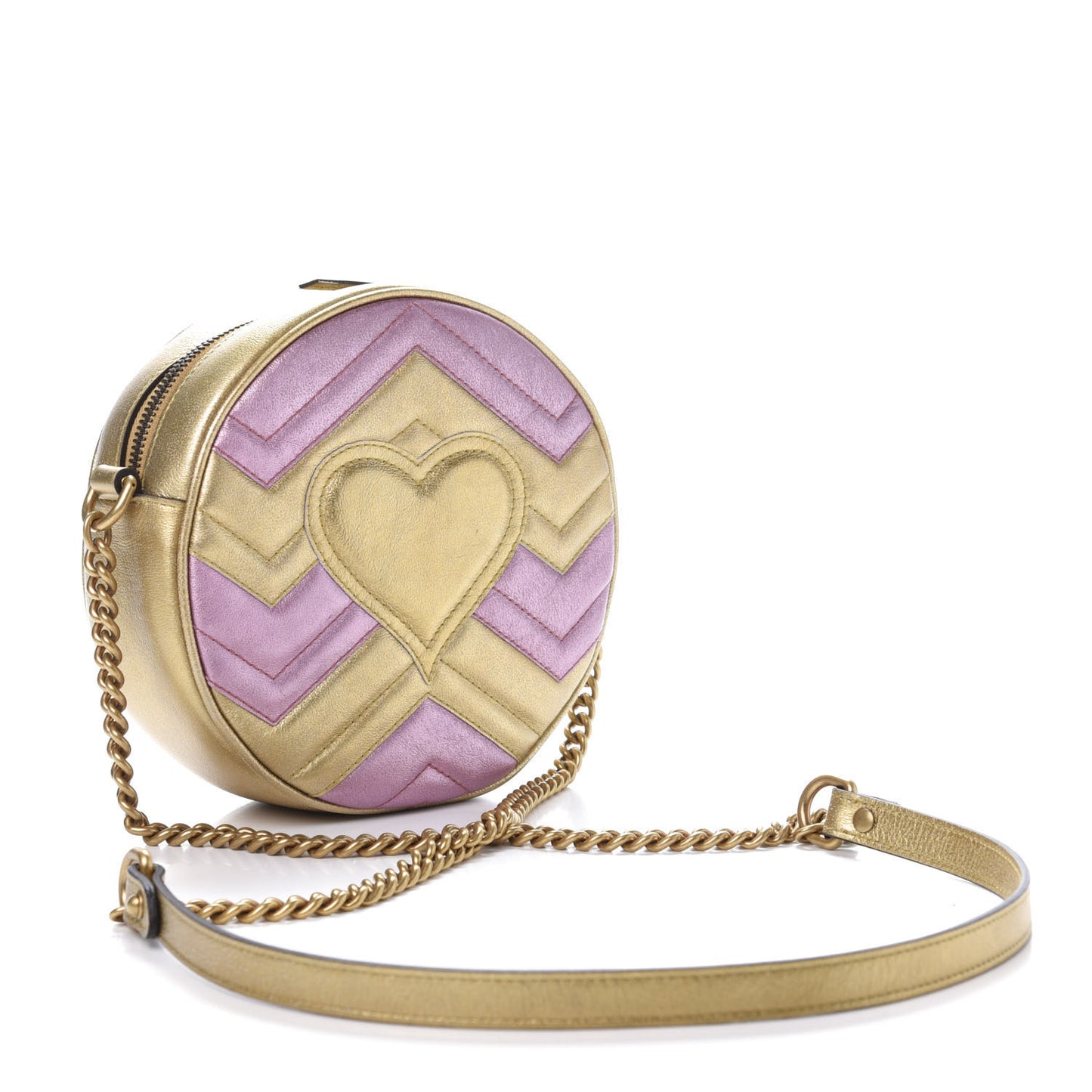 Metallic Calfskin Matelasse Mini GG Marmont Round Shoulder Bag Gold Pink